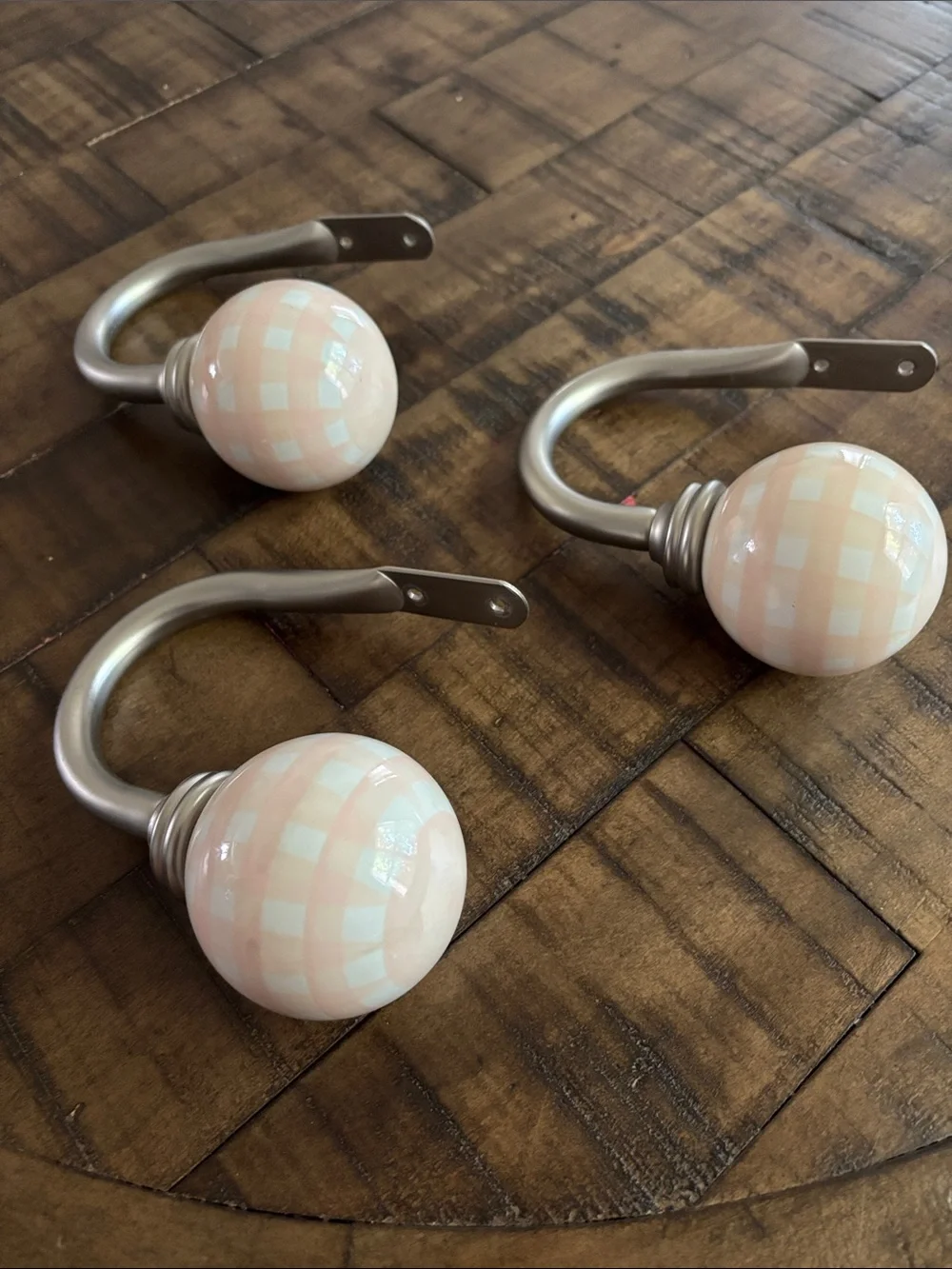 Pottery Barn Kids Decorative Pink Check Ceramic Curtain Tiebacks - Set of 3